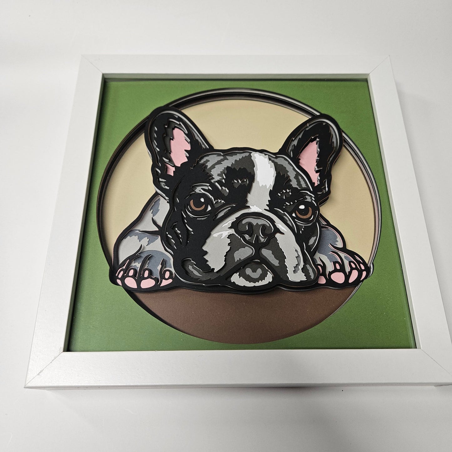 Frenchie with Head Down (black/white/gray) Shadowbox