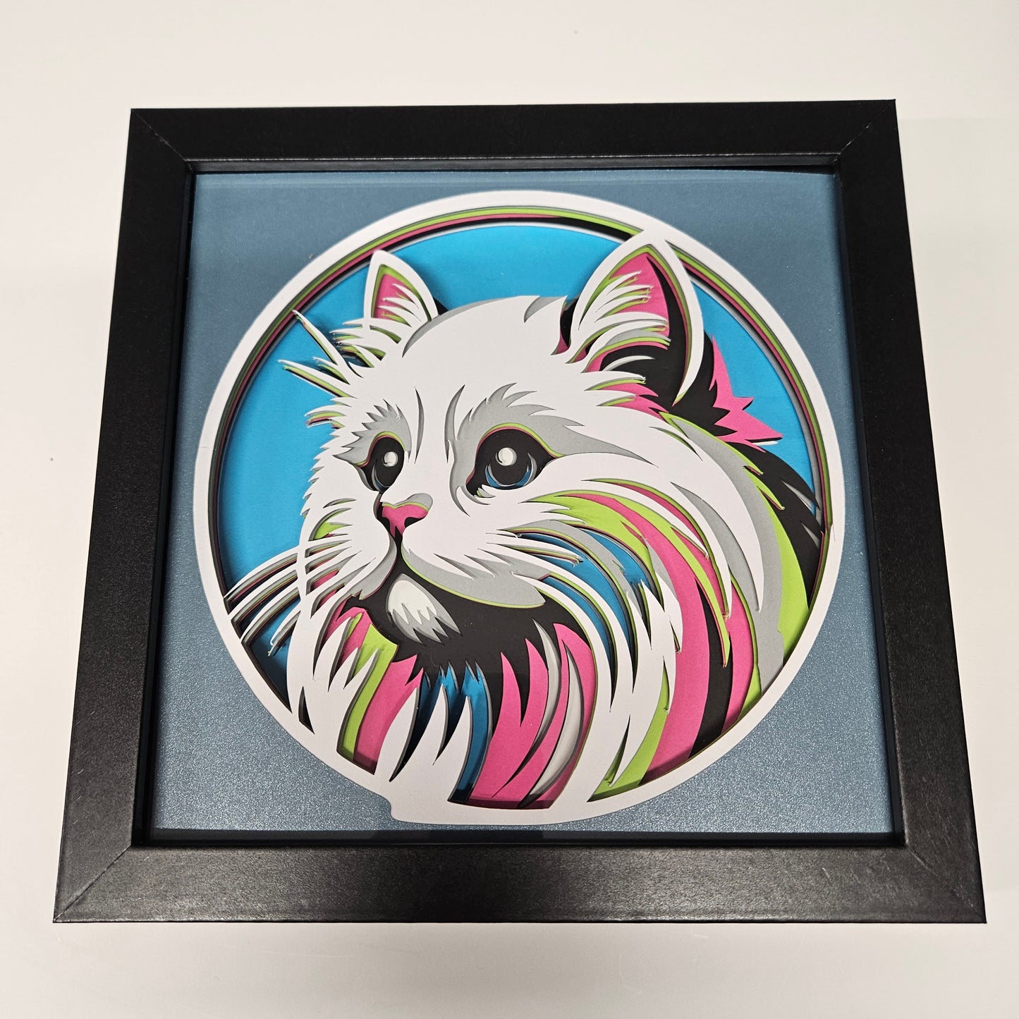 White Cat with Colorful Profile Shadowbox