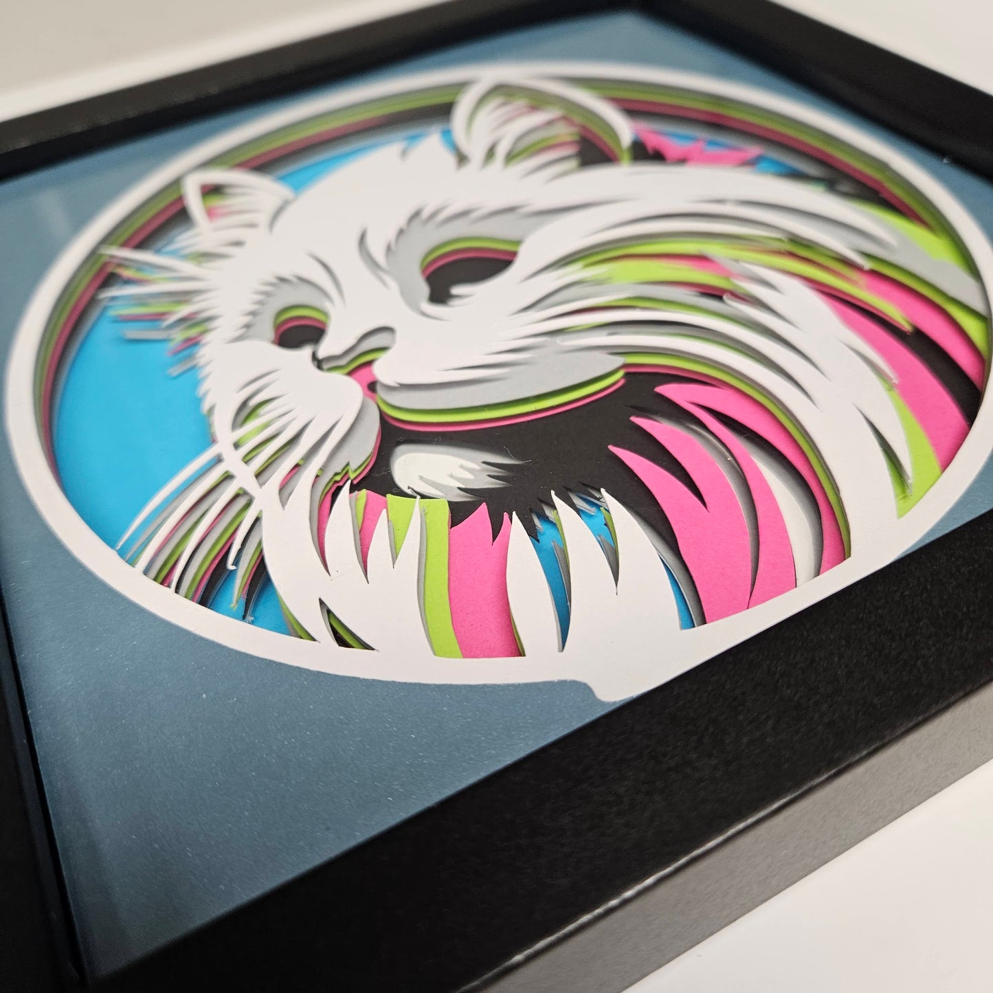 White Cat with Colorful Profile Shadowbox
