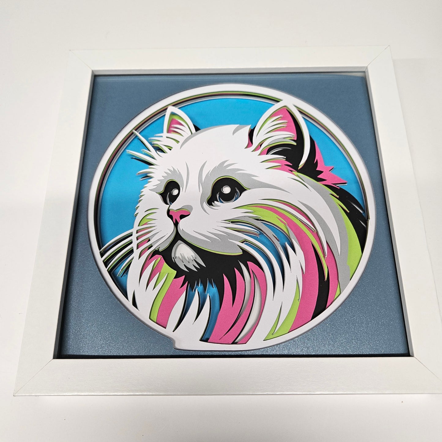 White Cat with Colorful Profile Shadowbox