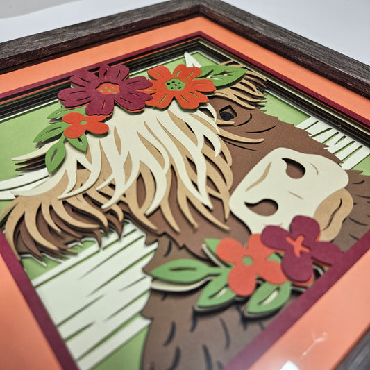 Highland Cow with Flowers Shadowbox